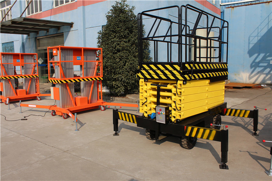 Manual Pull Handle Mobile Boom Lift Hydraulic Scissor Lifter With Full Handrail